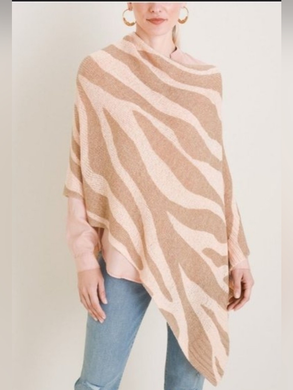 Chico's Pink and Tan Zebra Stripe Knit Scarf Poncho